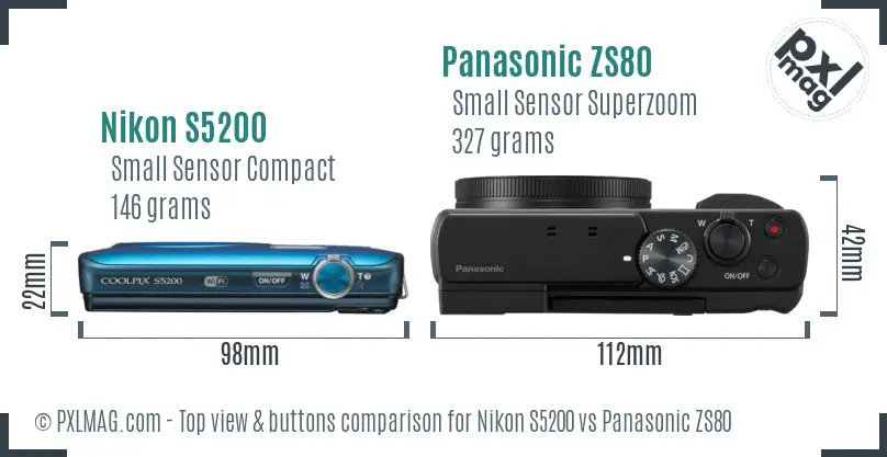 Nikon S5200 vs Panasonic ZS80 top view buttons comparison