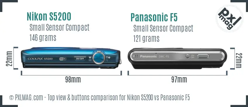 Nikon S5200 vs Panasonic F5 top view buttons comparison