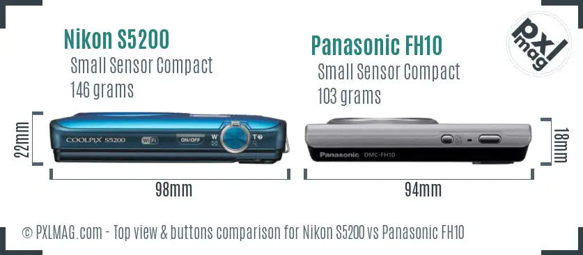Nikon S5200 vs Panasonic FH10 top view buttons comparison