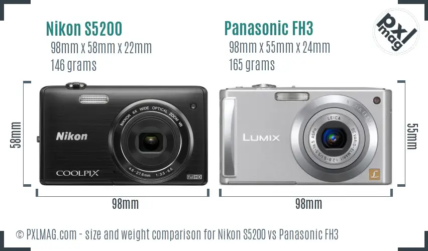 Nikon S5200 vs Panasonic FH3 size comparison