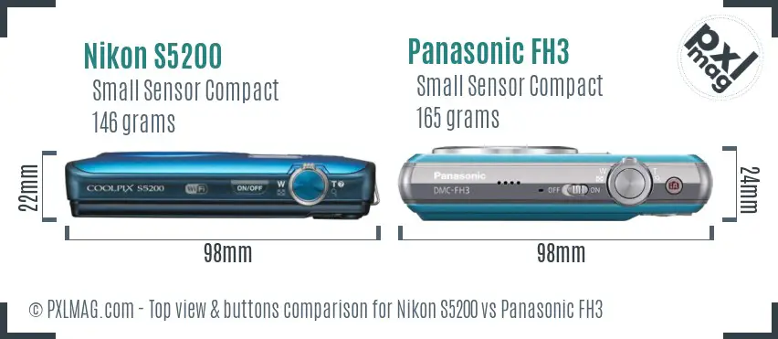 Nikon S5200 vs Panasonic FH3 top view buttons comparison