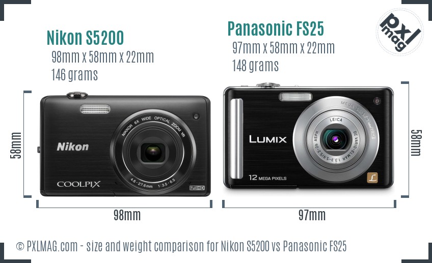 Nikon S5200 vs Panasonic FS25 size comparison