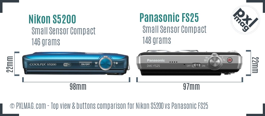 Nikon S5200 vs Panasonic FS25 top view buttons comparison