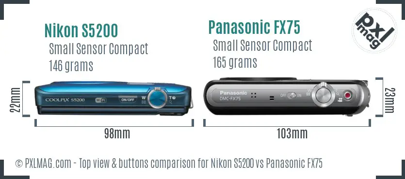 Nikon S5200 vs Panasonic FX75 top view buttons comparison