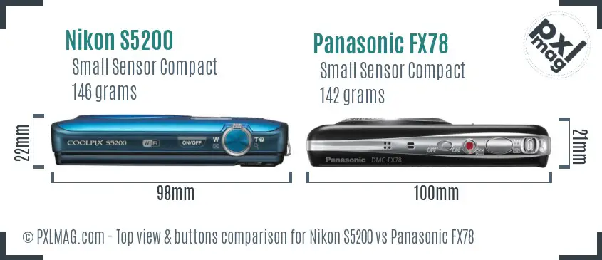 Nikon S5200 vs Panasonic FX78 top view buttons comparison
