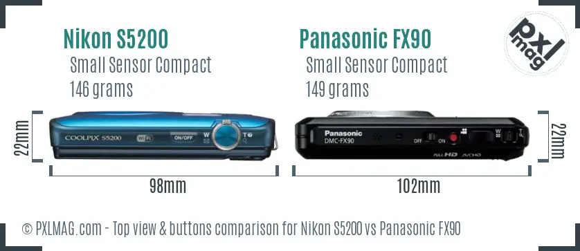 Nikon S5200 vs Panasonic FX90 top view buttons comparison Nikon S5200 vs Panasonic FX90 top view buttons comparison