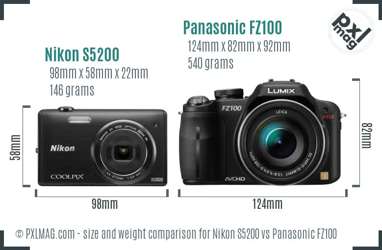 Nikon S5200 vs Panasonic FZ100 size comparison