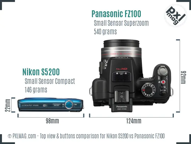 Nikon S5200 vs Panasonic FZ100 top view buttons comparison