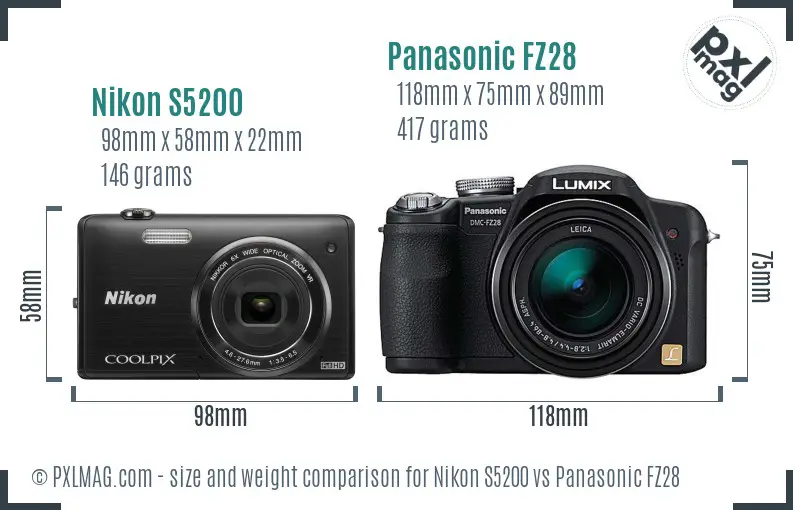 Nikon S5200 vs Panasonic FZ28 size comparison