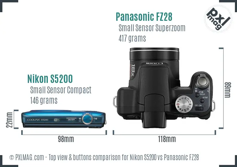 Nikon S5200 vs Panasonic FZ28 top view buttons comparison