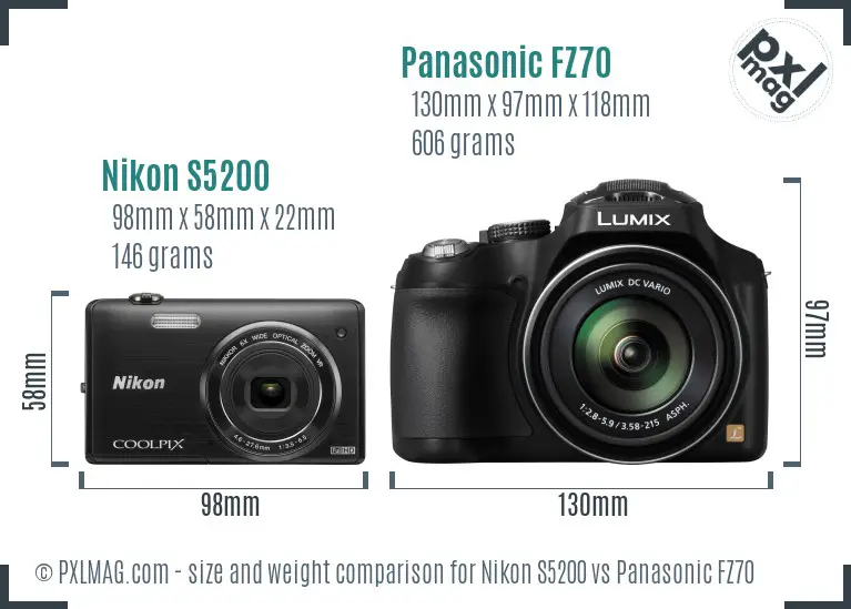 Nikon S5200 vs Panasonic FZ70 size comparison