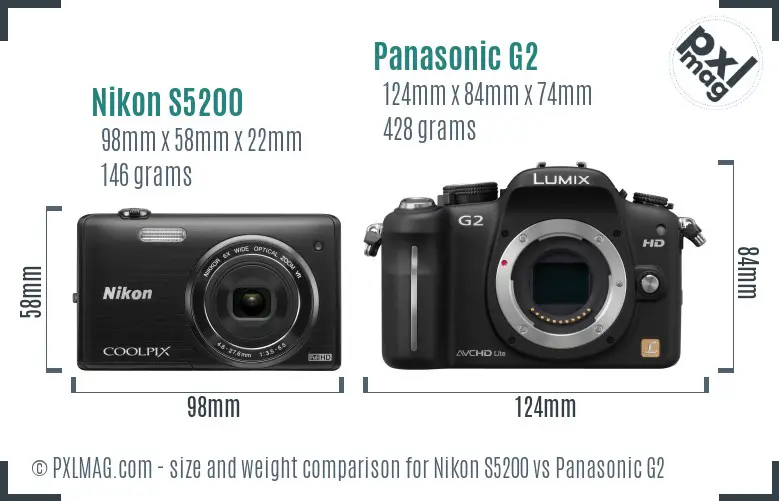 Nikon S5200 vs Panasonic G2 size comparison