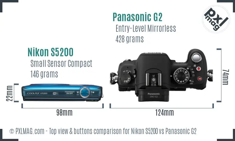 Nikon S5200 vs Panasonic G2 top view buttons comparison