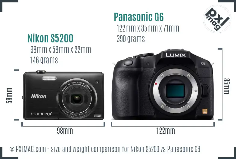 Nikon S5200 vs Panasonic G6 size comparison