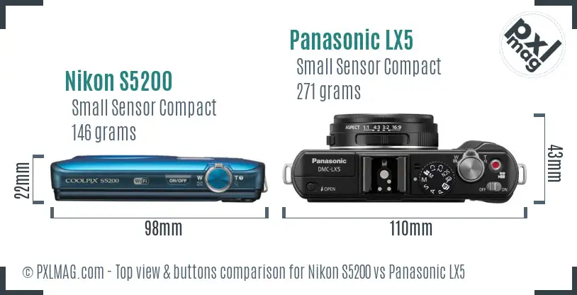 Nikon S5200 vs Panasonic LX5 top view buttons comparison