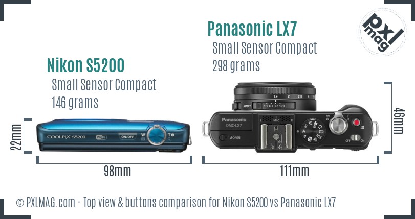 Nikon S5200 vs Panasonic LX7 top view buttons comparison