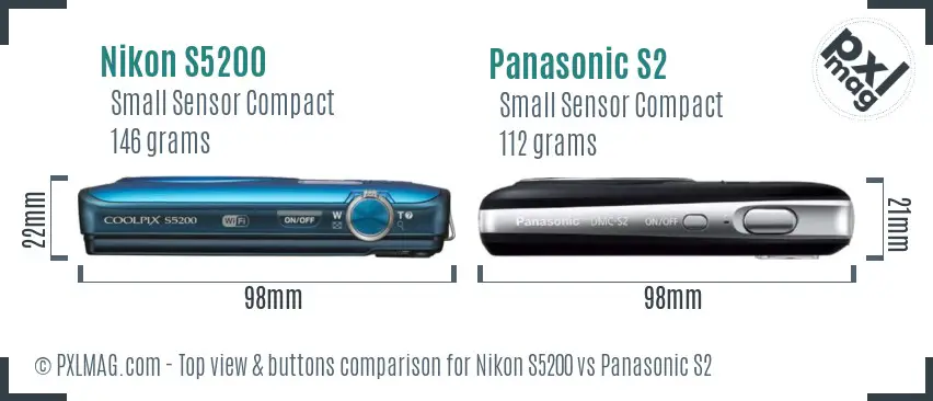 Nikon S5200 vs Panasonic S2 top view buttons comparison
