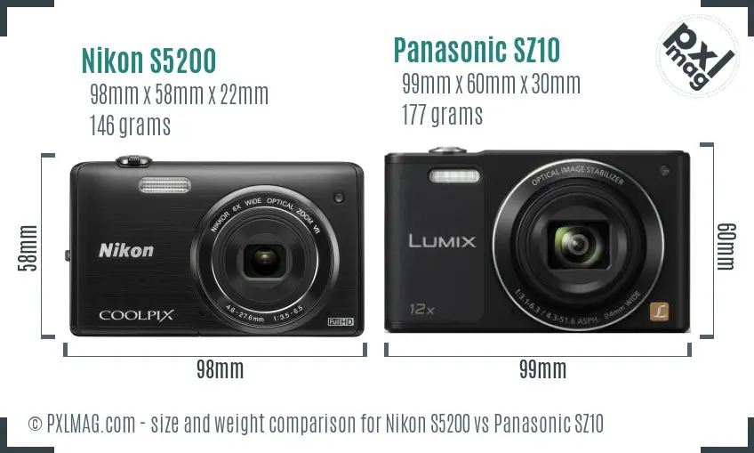 Nikon S5200 vs Panasonic SZ10 size comparison