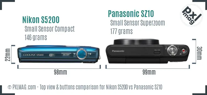Nikon S5200 vs Panasonic SZ10 top view buttons comparison