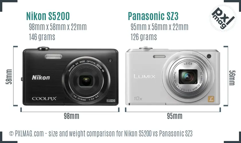 Nikon S5200 vs Panasonic SZ3 size comparison