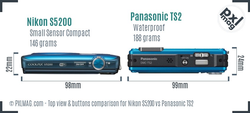 Nikon S5200 vs Panasonic TS2 top view buttons comparison