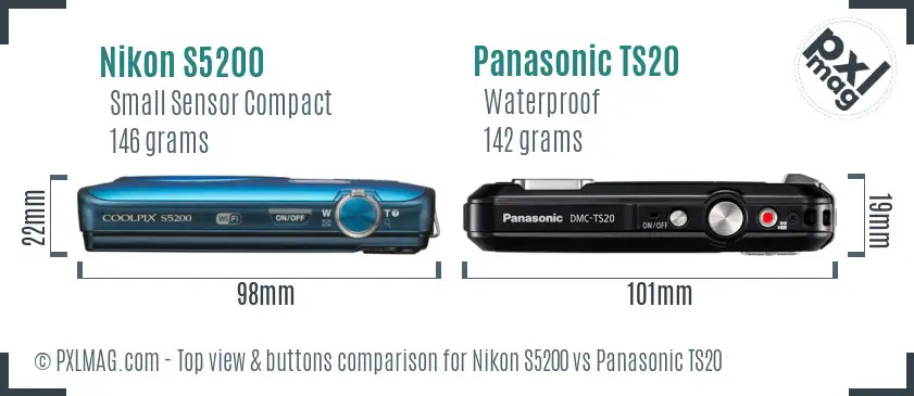 Nikon S5200 vs Panasonic TS20 top view buttons comparison Nikon S5200 vs Panasonic TS20 top view buttons comparison