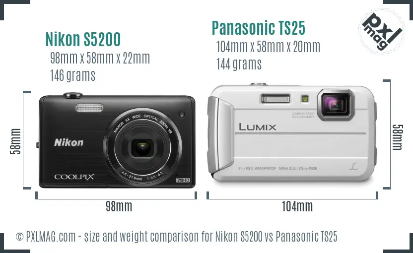Nikon S5200 vs Panasonic TS25 size comparison