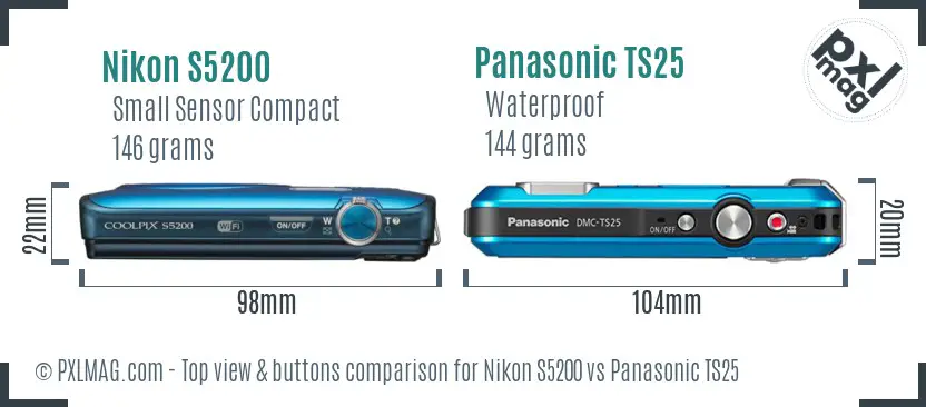 Nikon S5200 vs Panasonic TS25 top view buttons comparison