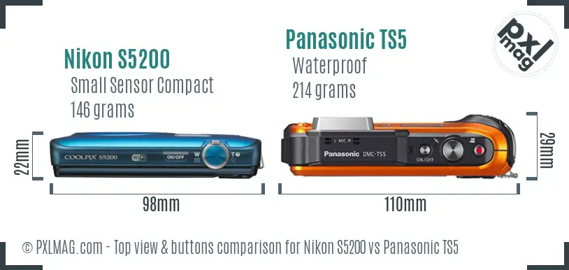 Nikon S5200 vs Panasonic TS5 top view buttons comparison Nikon S5200 vs Panasonic TS5 top view buttons comparison