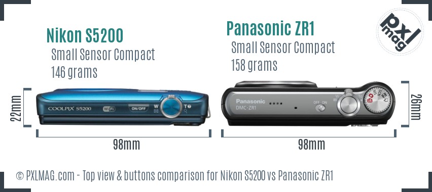 Nikon S5200 vs Panasonic ZR1 top view buttons comparison