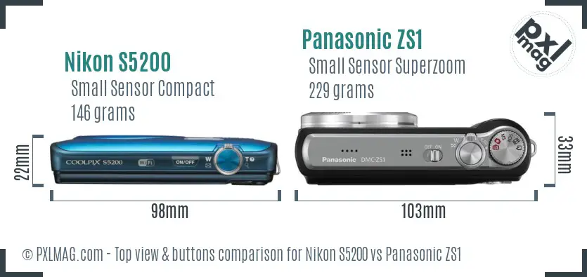 Nikon S5200 vs Panasonic ZS1 top view buttons comparison