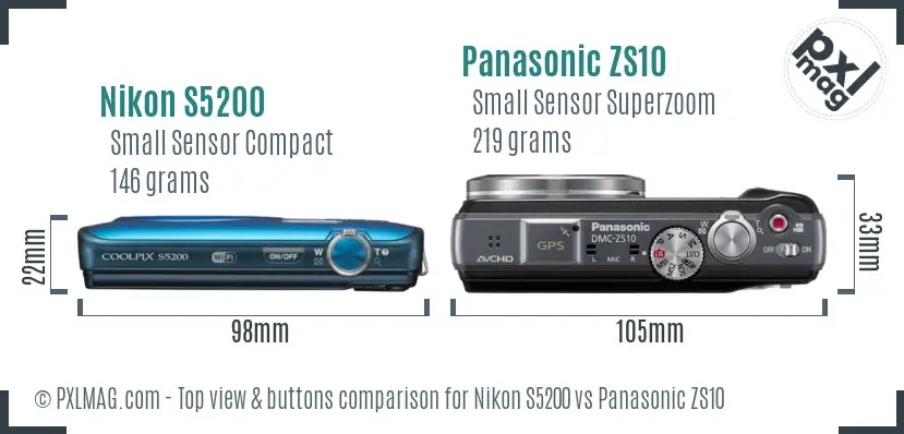Nikon S5200 vs Panasonic ZS10 top view buttons comparison