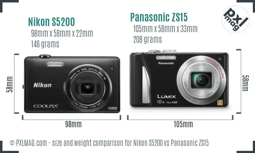 Nikon S5200 vs Panasonic ZS15 size comparison