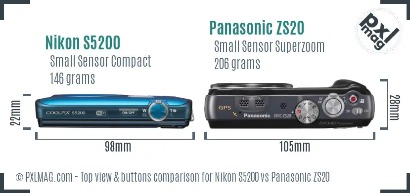 Nikon S5200 vs Panasonic ZS20 top view buttons comparison