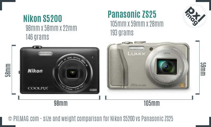 Nikon S5200 vs Panasonic ZS25 size comparison