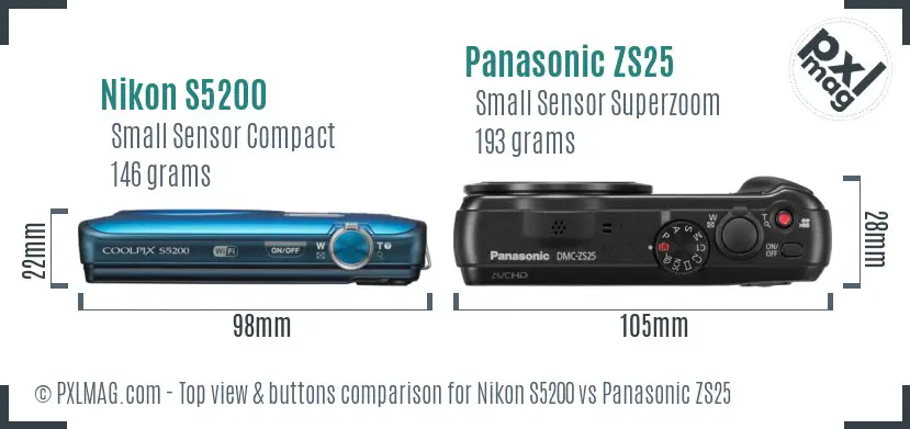 Nikon S5200 vs Panasonic ZS25 top view buttons comparison