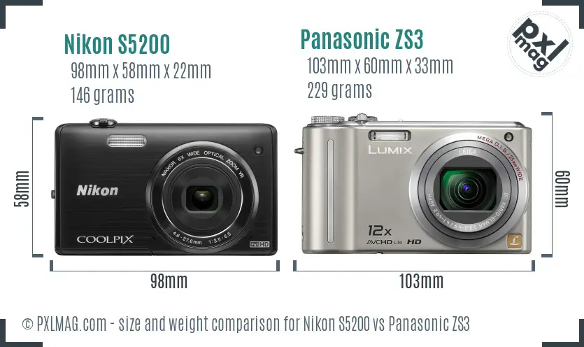 Nikon S5200 vs Panasonic ZS3 size comparison