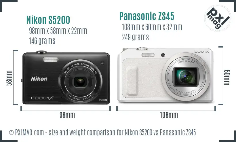 Nikon S5200 vs Panasonic ZS45 size comparison