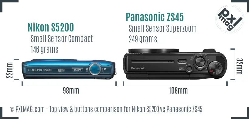 Nikon S5200 vs Panasonic ZS45 top view buttons comparison
