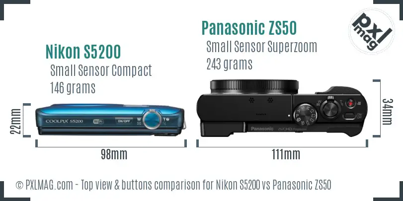 Nikon S5200 vs Panasonic ZS50 top view buttons comparison Nikon S5200 vs Panasonic ZS50 top view buttons comparison