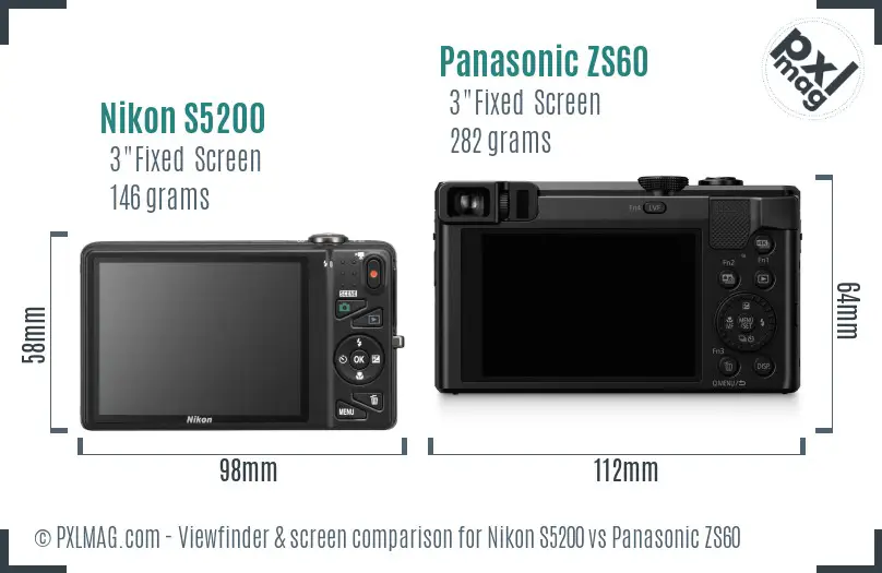 Nikon S5200 vs Panasonic ZS60 Screen and Viewfinder comparison