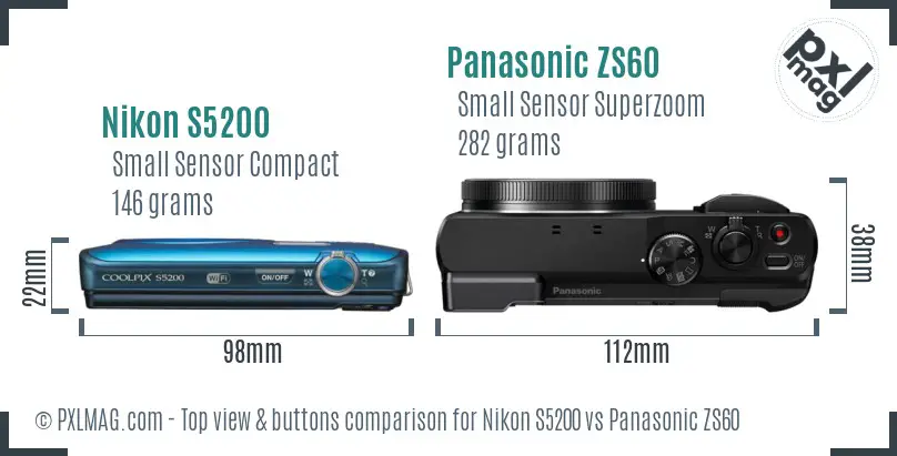Nikon S5200 vs Panasonic ZS60 top view buttons comparison