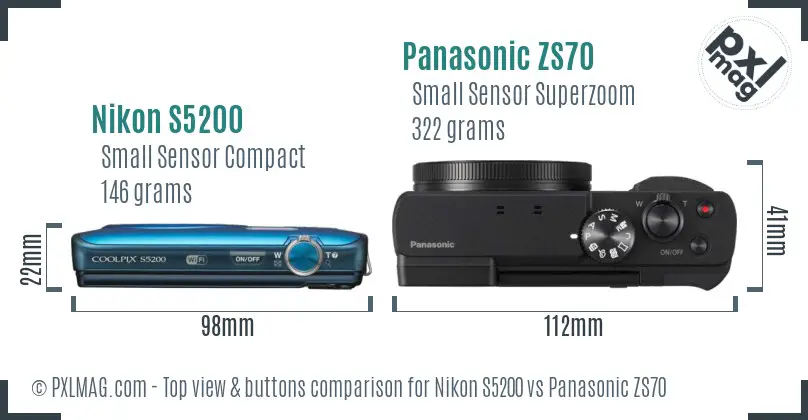 Nikon S5200 vs Panasonic ZS70 top view buttons comparison