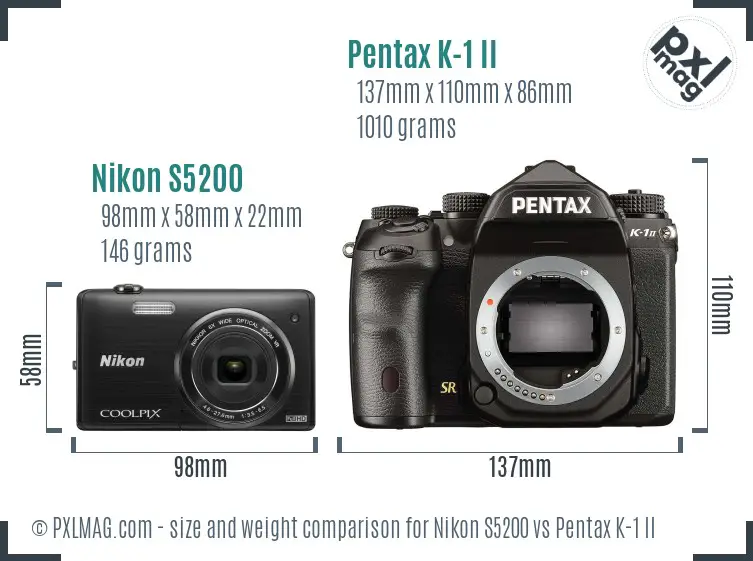 Nikon S5200 vs Pentax K-1 II size comparison
