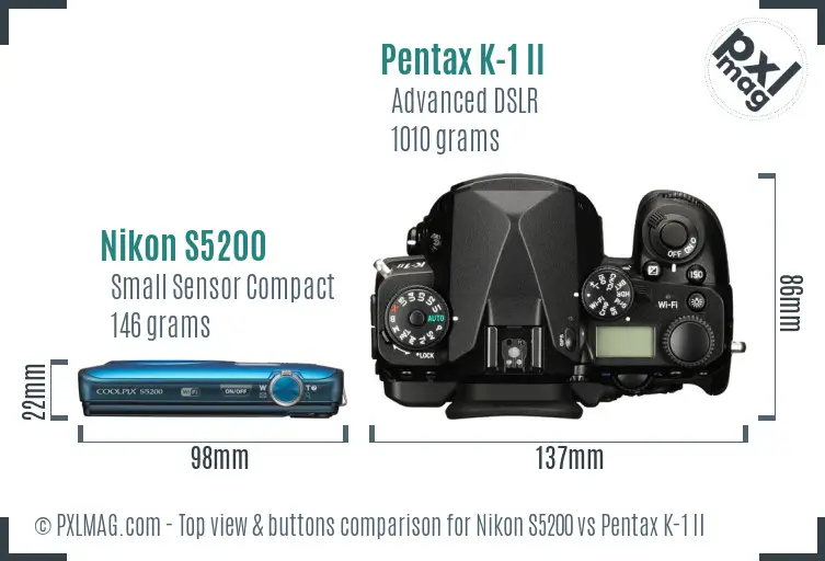 Nikon S5200 vs Pentax K-1 II top view buttons comparison