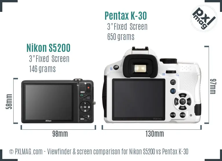 Nikon S5200 vs Pentax K-30 Screen and Viewfinder comparison