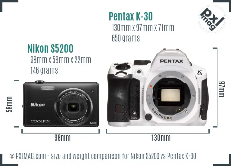 Nikon S5200 vs Pentax K-30 size comparison