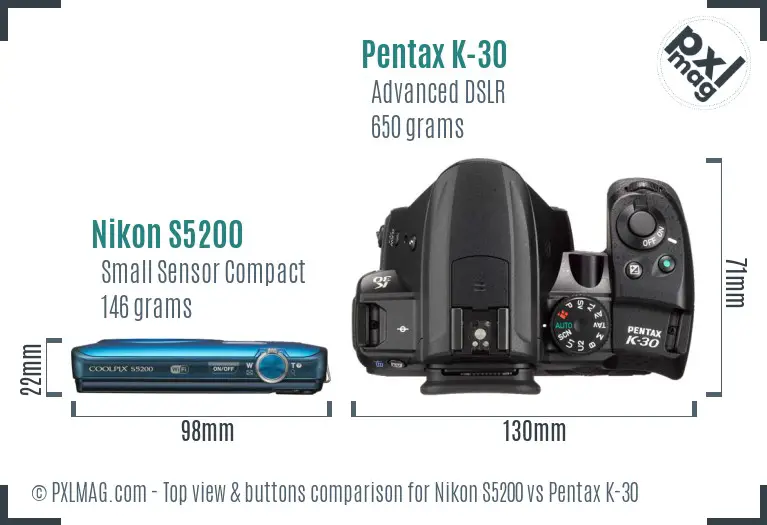 Nikon S5200 vs Pentax K-30 top view buttons comparison