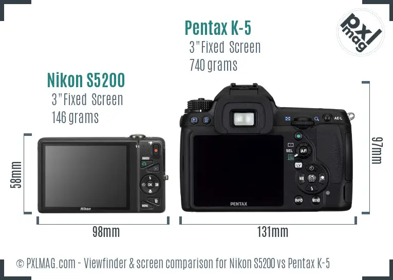 Nikon S5200 vs Pentax K-5 Screen and Viewfinder comparison