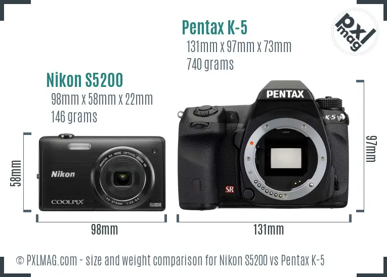 Nikon S5200 vs Pentax K-5 size comparison